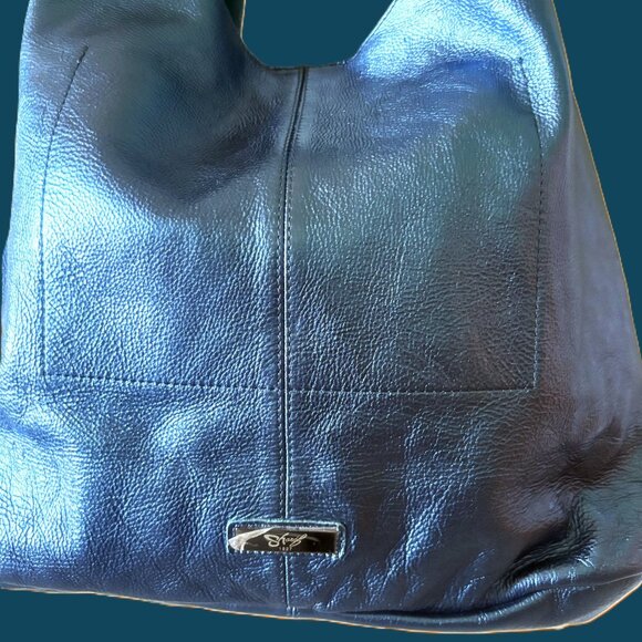 Luxury Sharif Blue Iridescent Leather Hobo Shoulder Bag & Wristlet Gunmetal NWT - Picture 6 of 12